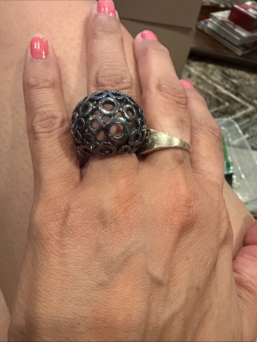 Source Unknown Black Oxidized Openwork Dome Ring with Silver Band